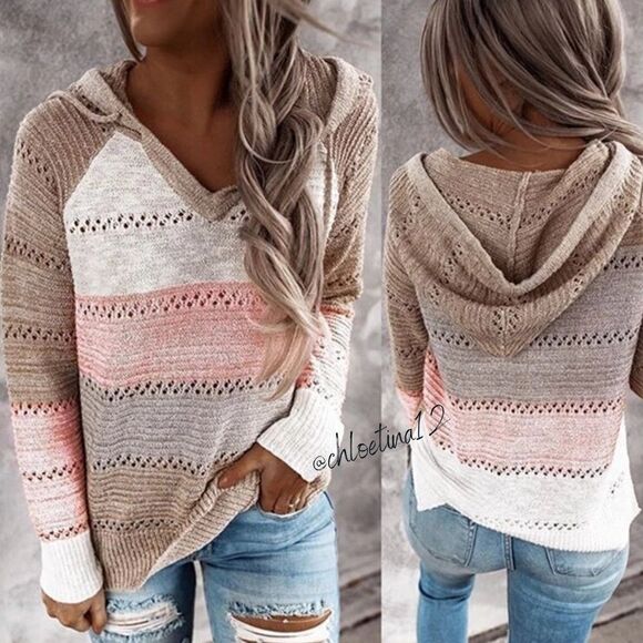 NEW Color Block Knit Pullover Hoodie - Wine Grey Mix - Picture 7 of 12